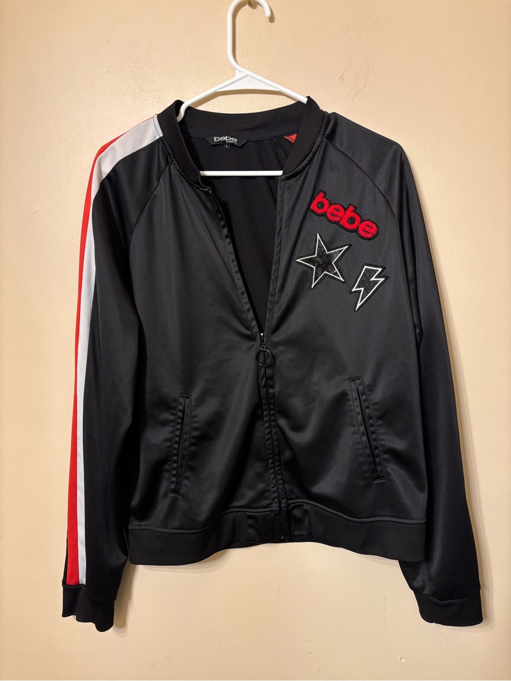 bebe sport Black Bomber Jacket with Red and White Sleeve Stripes size L